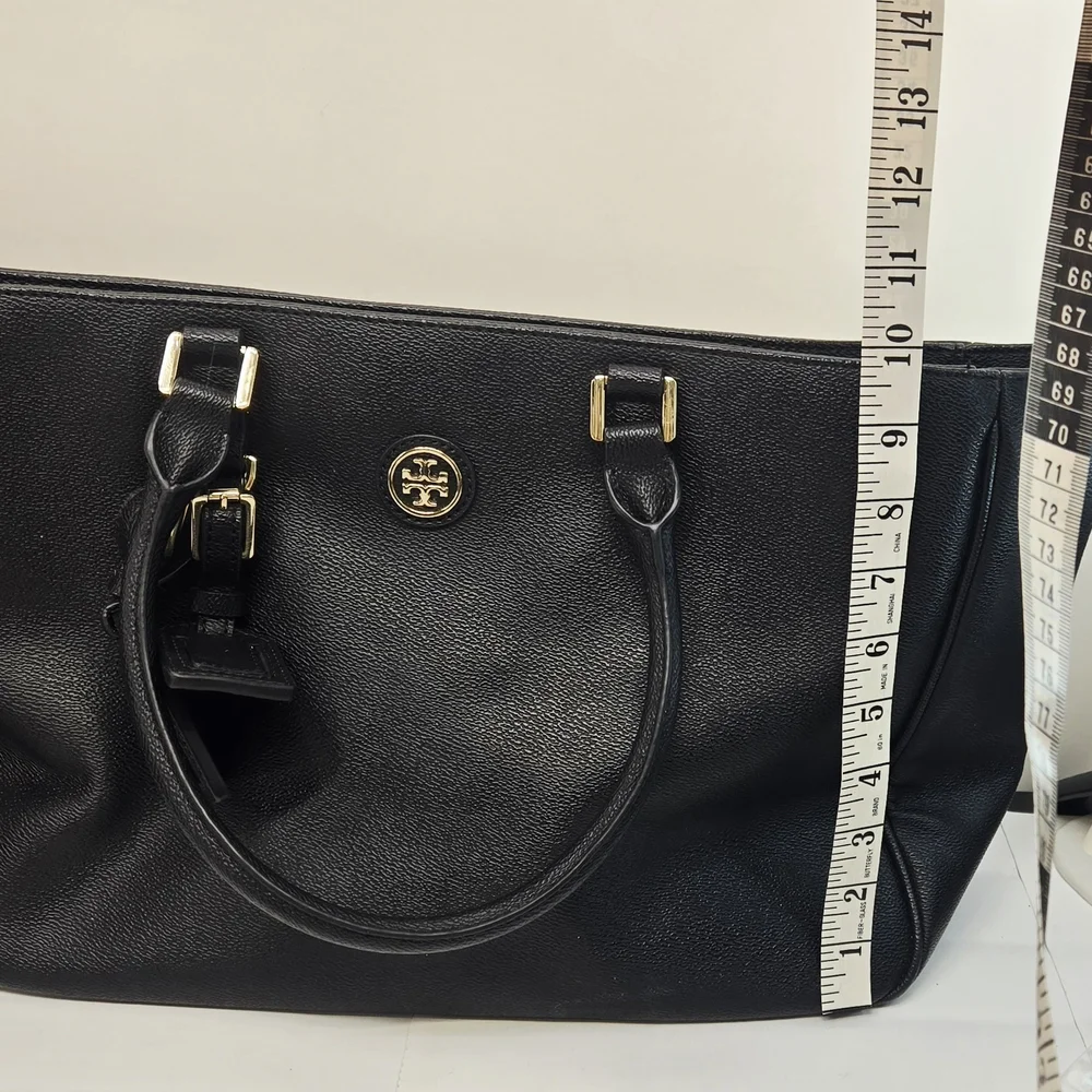 Black Leather Tory Burch Tote Bag with Gold Accents - Picture 10 of 13